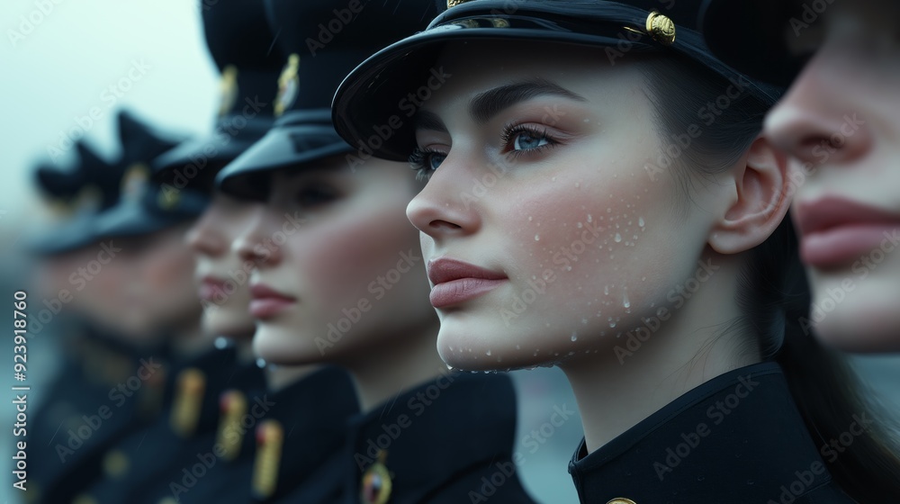 Several women in military uniforms stand closely together, observing their surroundings in cold weather. Several women in military uniforms stand closely together, observing their surroundings in cold weather.