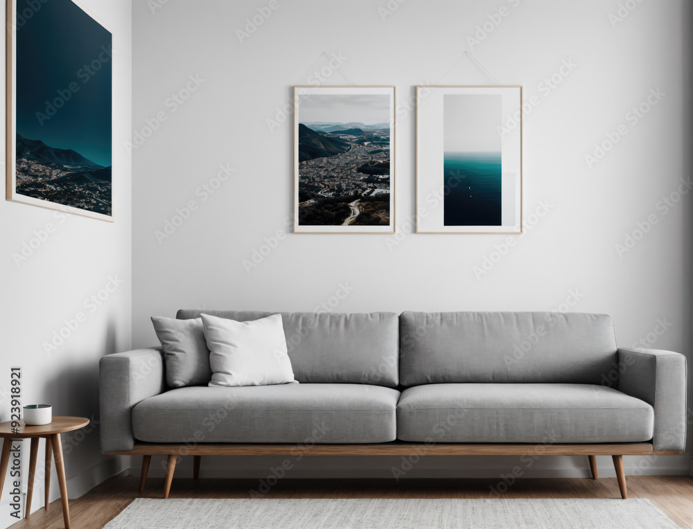 Fototapeta premium Modern Living Room Interior With Stylish Couch and Framed Pictures in Minimalistic Design