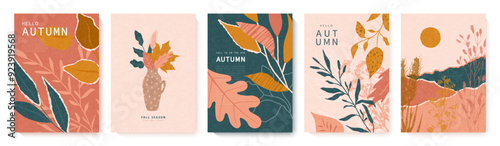 Set of autumn cards with autumn leaves, plants, autumn landscape and vase with leaves. Modern autumn poster in warm colors with grainy texture. Abstract background, web banner or flyer design. Templat