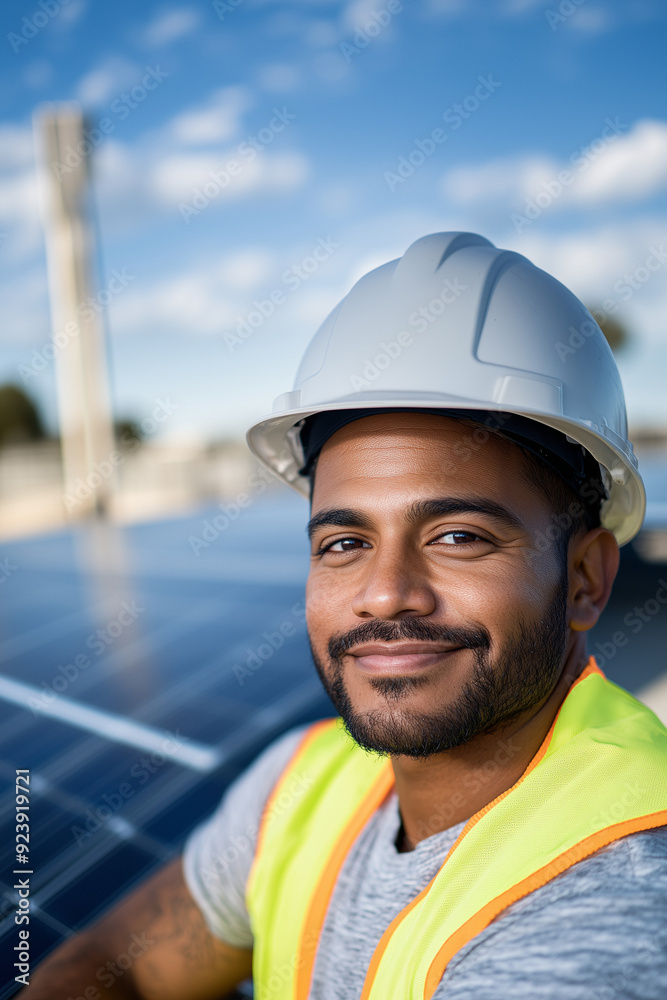 solar panels builder in hardhat; photovoltaic panels as a background; concept of quality, professionalism and taking care of details while mounting photovoltaical panel; copy space solar panels builder in hardhat; photovoltaic panels as a background; concept of quality, professionalism and taking care of details while mounting photovoltaical panel; copy space