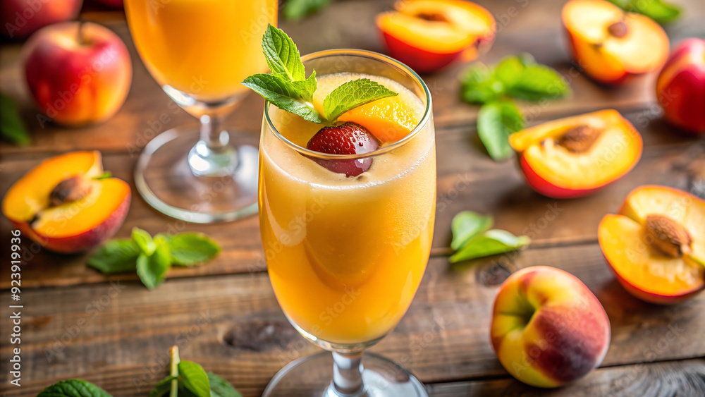 Fresh Peach Bellinis with Mint Garnish on Rustic Table Fresh Peach Bellinis with Mint Garnish on Rustic Table