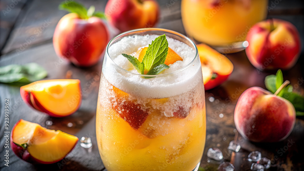 Fresh Peach Bellinis with Mint Garnish on Rustic Table