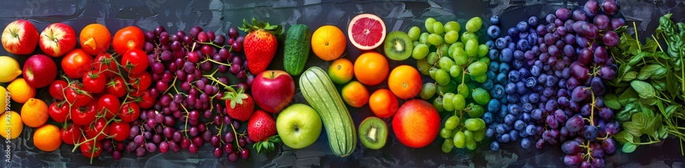 A colorful display of various fresh fruits and vegetables arranged by color A colorful display of various fresh fruits and vegetables arranged by color