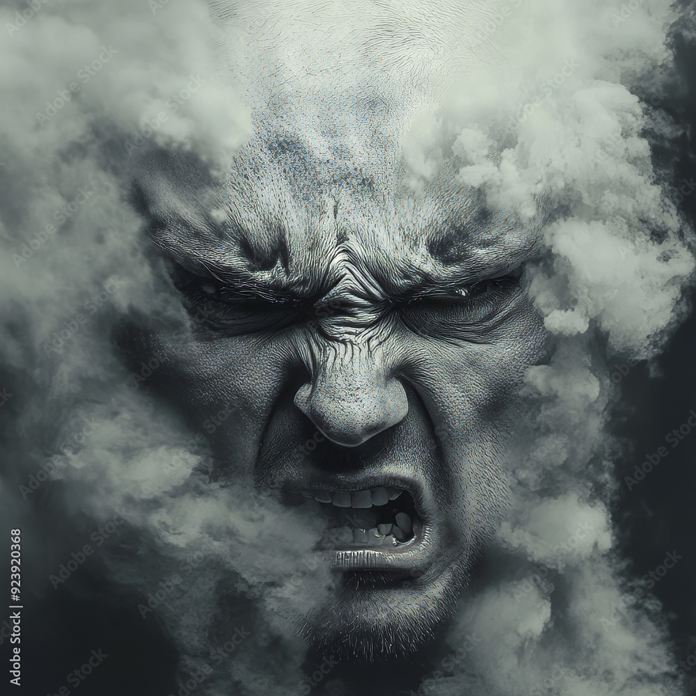 An intense expression of anger captured in a swirling cloud of smoke enveloping a man's face, conveying deep emotion in a dramatic setting An intense expression of anger captured in a swirling cloud of smoke enveloping a man's face, conveying deep emotion in a dramatic setting