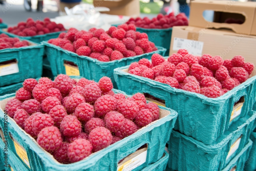 Fresh raspberries in teal pint containers at farmers market Fresh raspberries in teal pint containers at farmers market