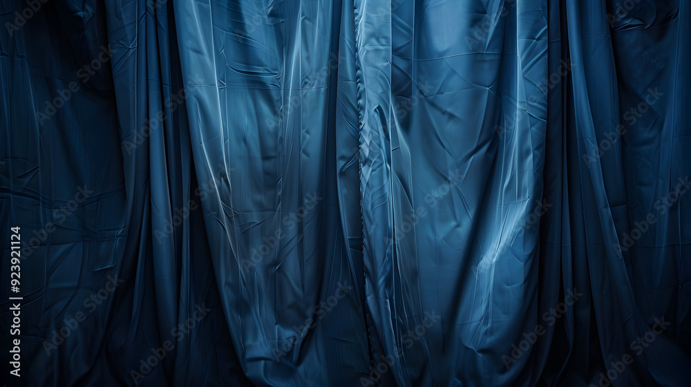 Luxurious deep blue closed theater drapes on a dimly lit stage. Mysterious or dramatic performance backdrop. Luxurious deep blue closed theater drapes on a dimly lit stage. Mysterious or dramatic performance backdrop.