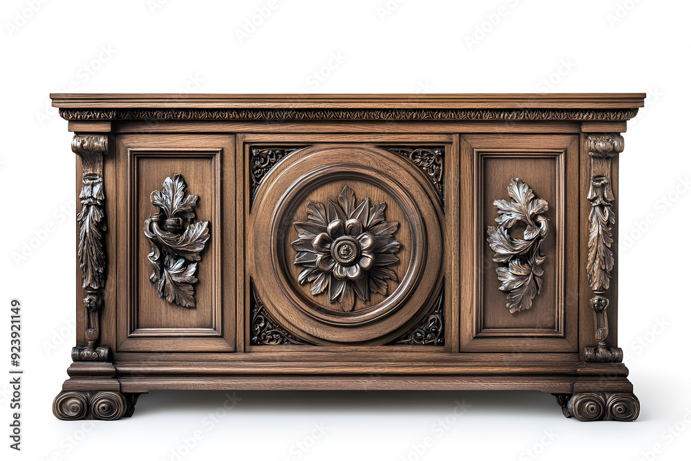Fototapeta premium Vintage wooden sideboard with drawers and cabinets isolated on white