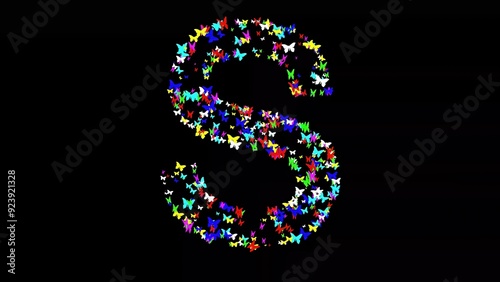 Beautiful illustration of English alphabet S with colorful butterflies on plain black background
