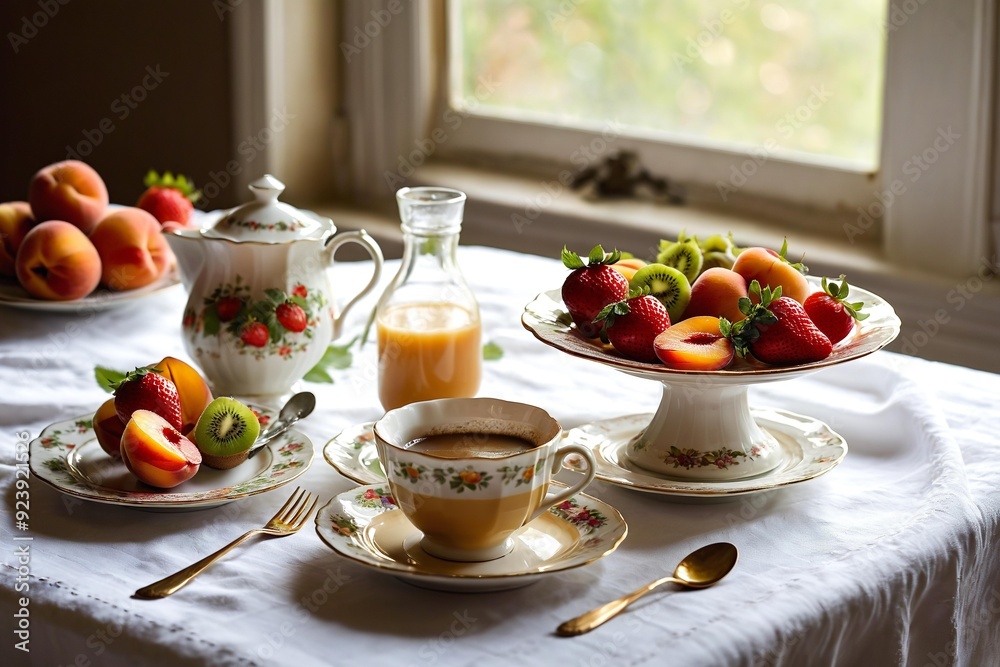 A table setting with fresh fruit and a cup of coffee, ideal for a morning meal or gathering A table setting with fresh fruit and a cup of coffee, ideal for a morning meal or gathering