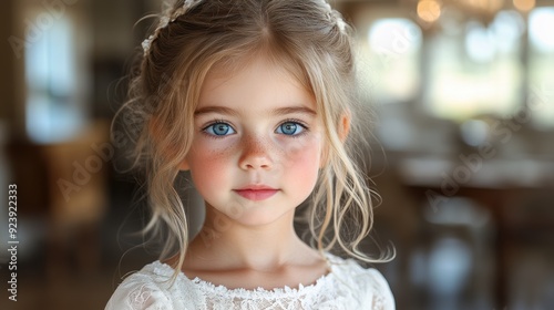 A young girl with striking blue eyes and a delicate lace dress, reminiscent of innocence and purity, standing in an elegantly lit room.