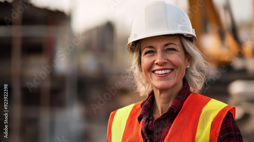 Portrait of smiling European female construction worker on the construction site, wearing a hard hat and work vest.