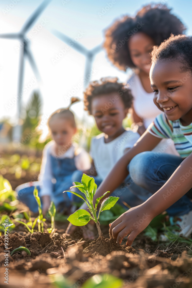 A group of multi-ethnic children are joyfully participating in environmental education by planting young plants in a garden, with wind turbines in the background, renewable energy awareness A group of multi-ethnic children are joyfully participating in environmental education by planting young plants in a garden, with wind turbines in the background, renewable energy awareness