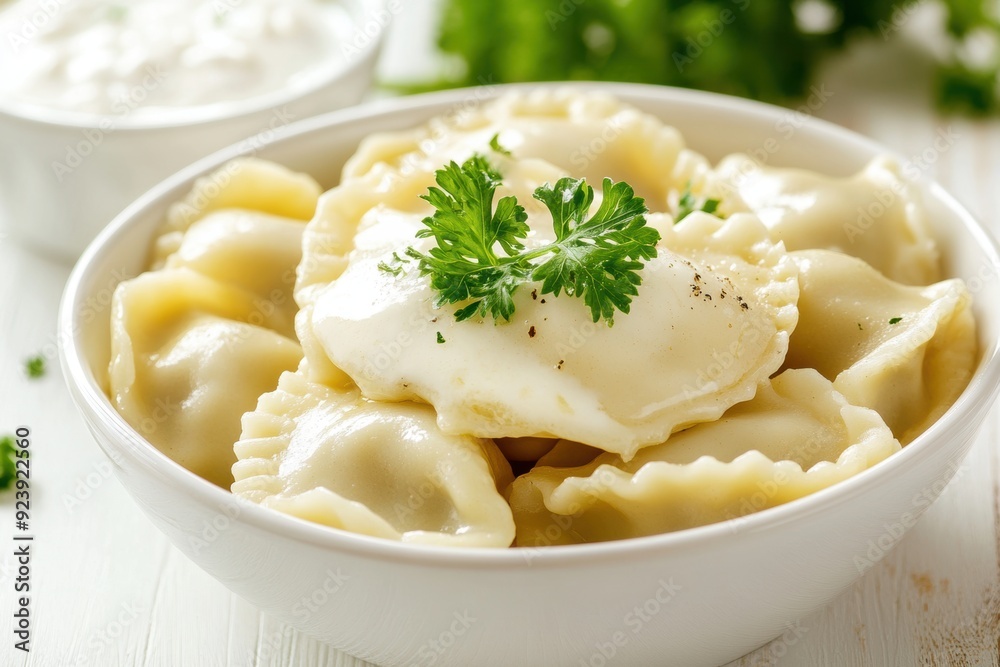 Fresh homemade dumplings topped with parsley in white bowl Fresh homemade dumplings topped with parsley in white bowl