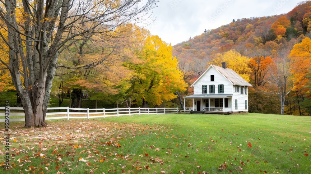 Obraz premium A red barn and white house sit on a farm with a large field in front of them