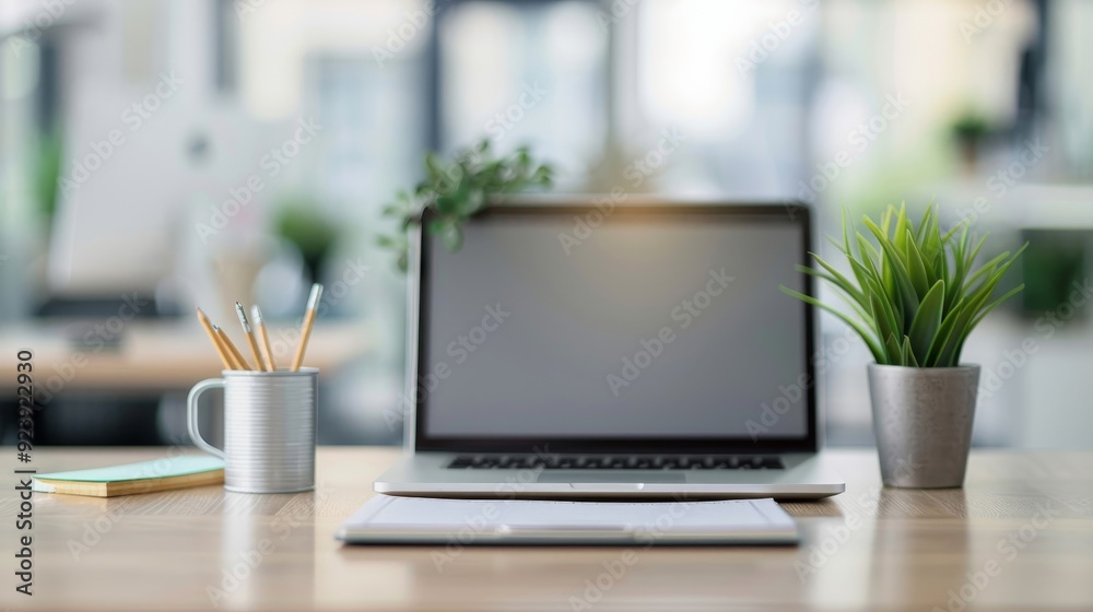 A laptop is open on a table with a potted plant next to it A laptop is open on a table with a potted plant next to it