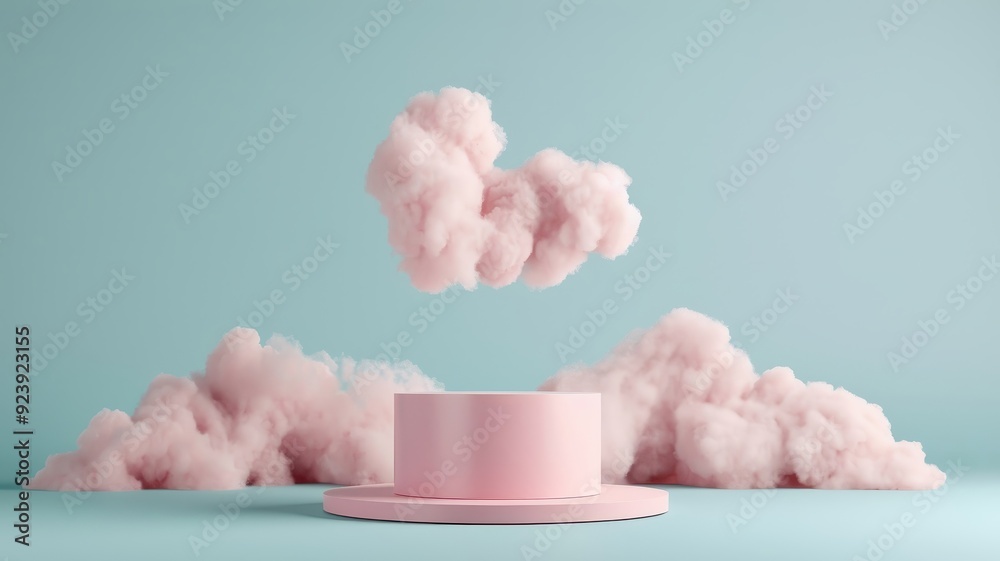Soft pink podium on a sky-blue platform with cloud backdrop, perfect for serene product showcasing. Soft pink podium on a sky-blue platform with cloud backdrop, perfect for serene product showcasing.