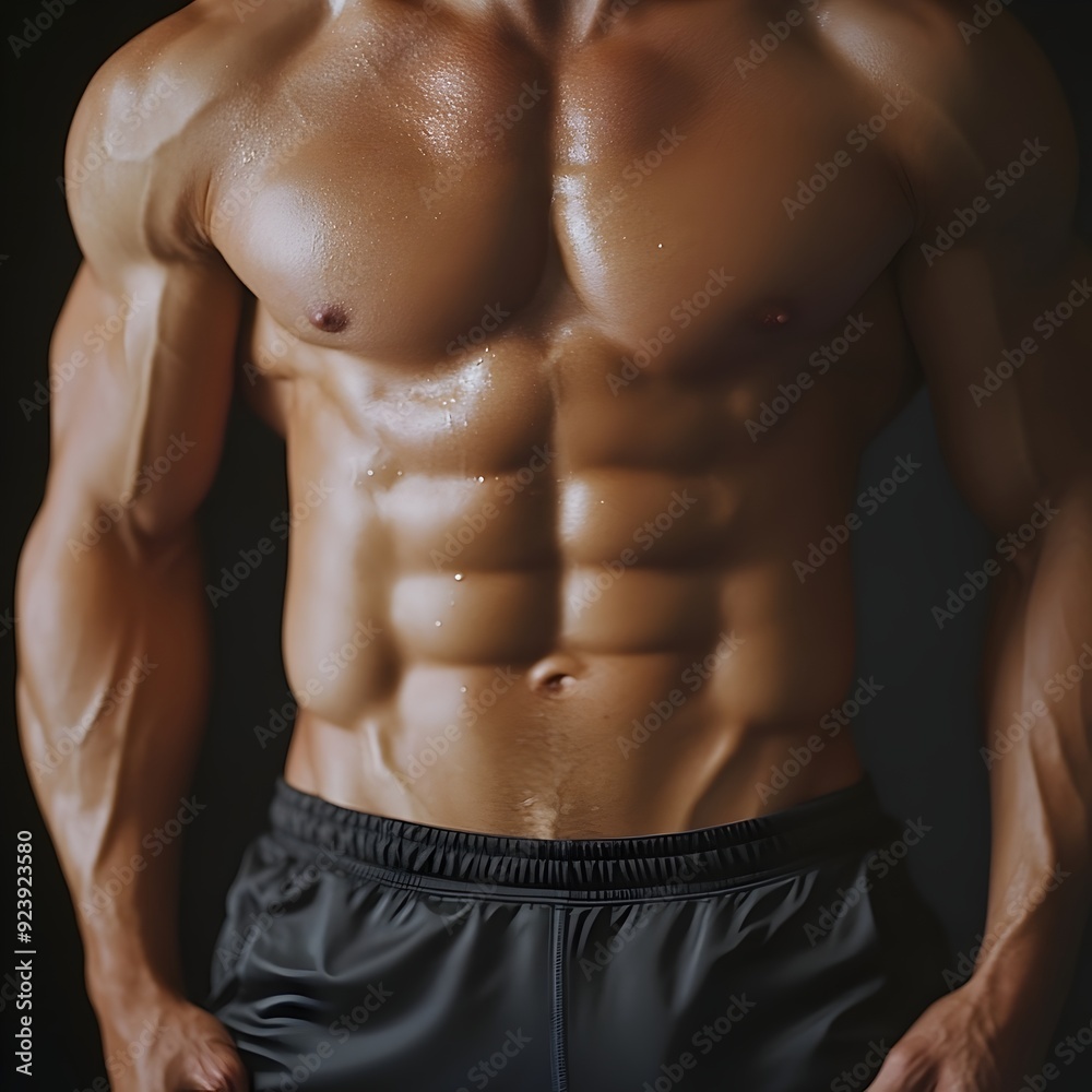 Fototapeta premium Muscular Male Abdominals on Plain Dark Background