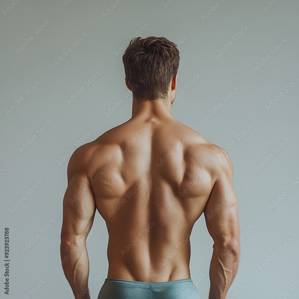 Fototapeta premium Muscular Back of Athletic Male with Defined Physique on Plain Background