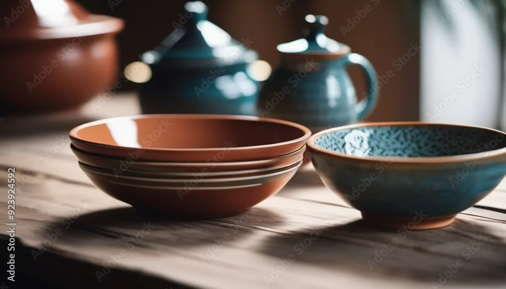 Ceramic bowls in rustic interior, ai Ceramic bowls in rustic interior, ai