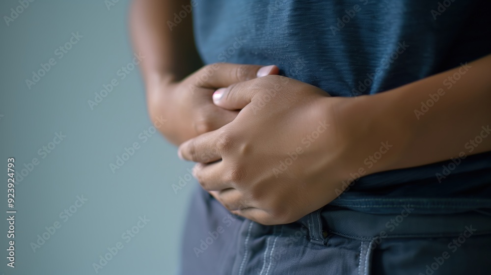 Person Holding Stomach in a Gesture of Pain and Discomfort