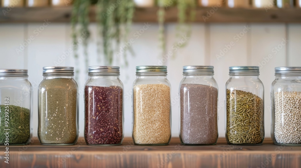 Four jars of different colored beans are lined up on a counter Four jars of different colored beans are lined up on a counter