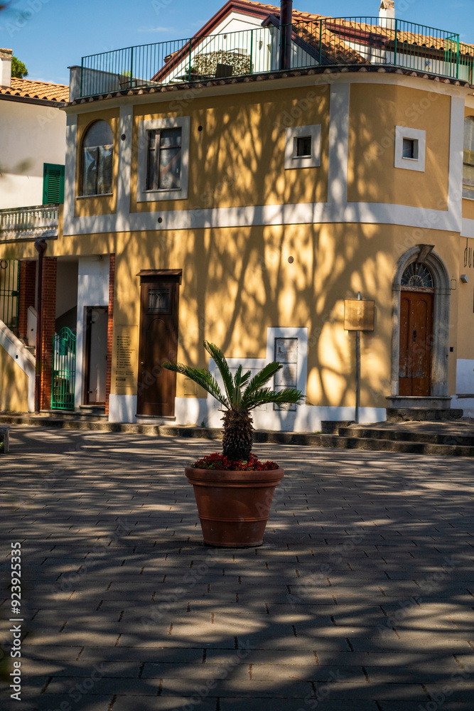 Charming Sunlit Courtyard with Potted Plant and Shadows, Ravello, Italy, light and shadow
