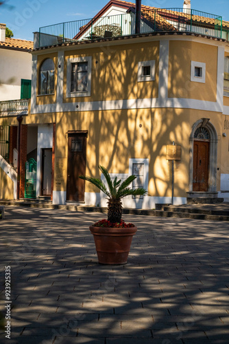 Obraz na płótnie Charming Sunlit Courtyard with Potted Plant and Shadows, Ravello, Italy, light and shadow w salonie