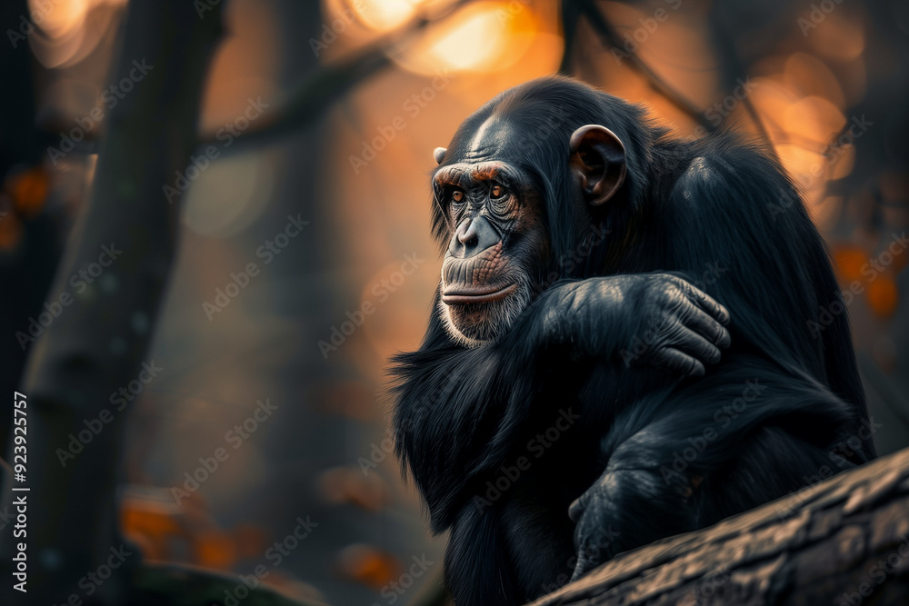 Thoughtful chimpanzee observing surroundings in a forest, soft evening light, thoughtful mood. Generative AI Thoughtful chimpanzee observing surroundings in a forest, soft evening light, thoughtful mood. Generative AI