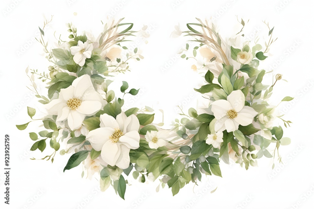 Fototapeta premium Wreath of white flowers and green leaves