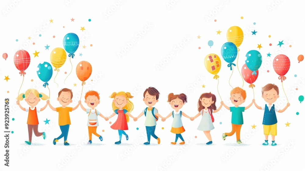 A lively illustration of a group of children holding hands and balloons, celebrating together. The vibrant image emphasizes unity, joy, and the carefree nature of childhood. A lively illustration of a group of children holding hands and balloons, celebrating together. The vibrant image emphasizes unity, joy, and the carefree nature of childhood.