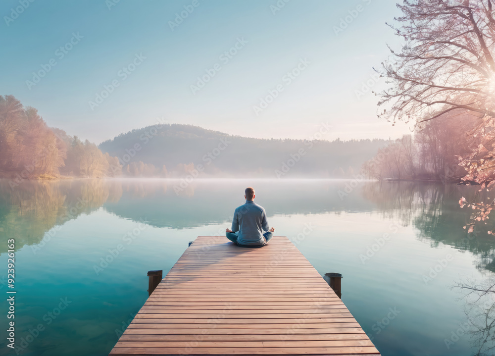 Fototapeta premium Tranquil Morning Meditation on a Wooden Dock by a Serene Lake in Autumn