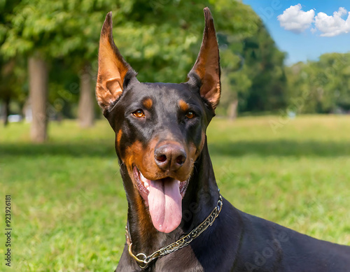 A vigilant Doberman Pinscher sits gracefully against a backdrop of lush greenery and distant mountains, capturing the essence of nature and tranquility.