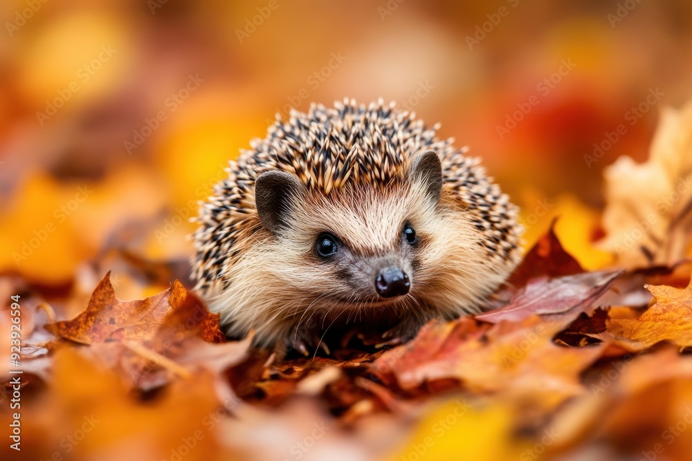 Autumn hedgehog in bed of fallen leaves Autumn hedgehog in bed of fallen leaves