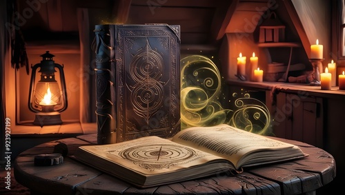 A spellbound book on a wooden table in a dimly lit cottage, with pages illuminated by an otherworldly golden light, revealing arcane texts and shimmering with magical energy that fills the room with a photo