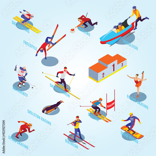 Winter sports flowchart with curling freestyle slalom figure skating ice hockey ski marathon biathlon skeleton racing snowboarding isometric elements