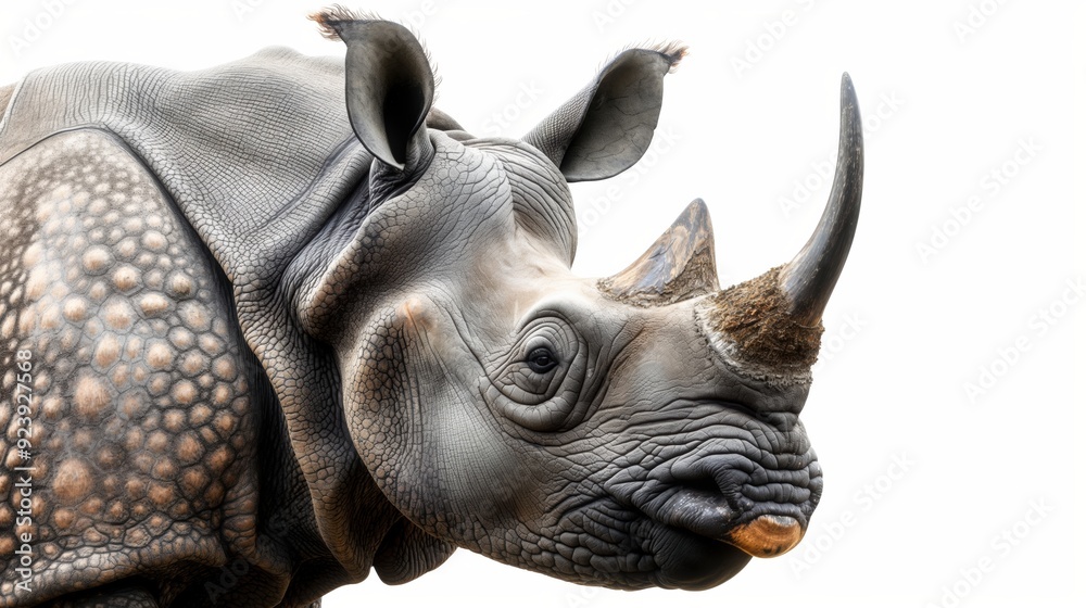 Another close-up of a greater one-horned rhinoceros, emphasizing its distinct horn and wrinkled skin, isolated on a white background. Another close-up of a greater one-horned rhinoceros, emphasizing its distinct horn and wrinkled skin, isolated on a white background.
