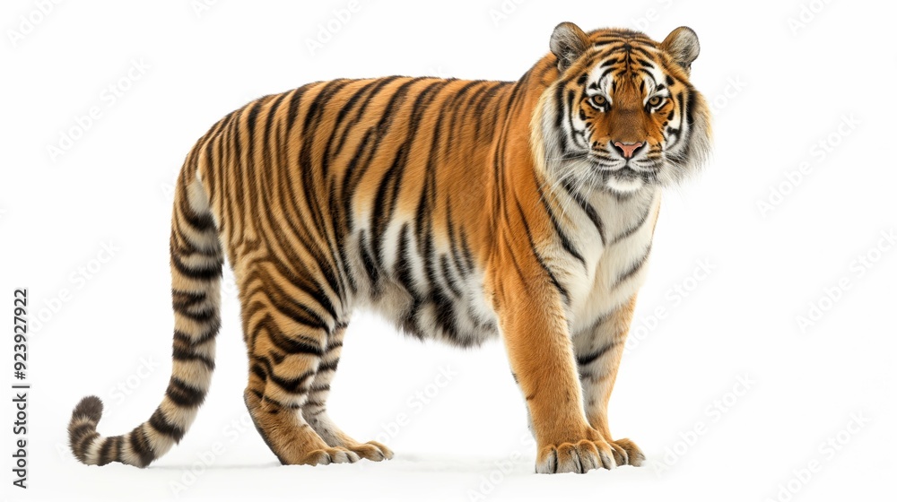 A Bengal tiger standing still, with its head turned slightly towards the camera, highlighting its majestic coat and powerful build, isolated on a white background. A Bengal tiger standing still, with its head turned slightly towards the camera, highlighting its majestic coat and powerful build, isolated on a white background.