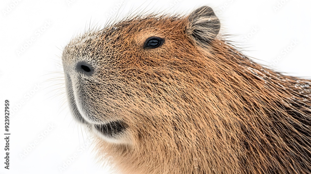 Close-up of a capybara's face, highlighting its eyes and whiskers, isolated on a white background. Copy space. Close-up of a capybara's face, highlighting its eyes and whiskers, isolated on a white background. Copy space.