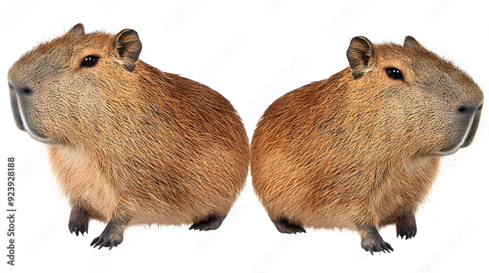 High-resolution image of a capybara's head and ears, set against a white background. Copy space. High-resolution image of a capybara's head and ears, set against a white background. Copy space.