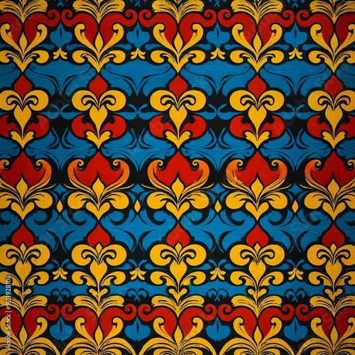 A colorful wallpaper featuring swirling patterns in blue, red, and yellow