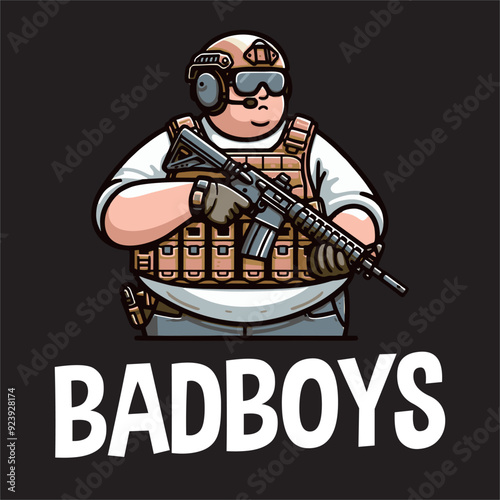 thin line vector a man wear tactical vest and helmet grab a weapon 