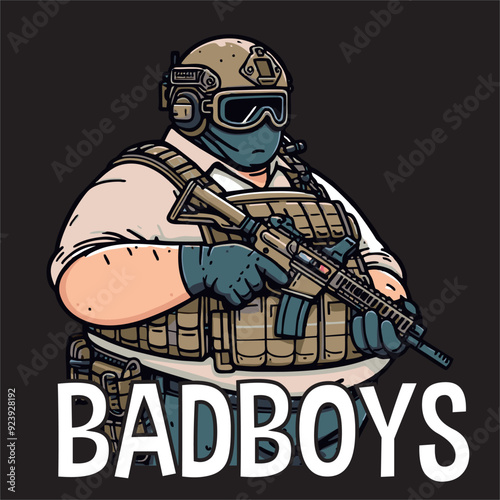 thin line vector a man wear tactical vest and helmet grab a weapon 