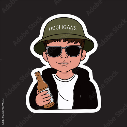 sticker of a young person holding a beer bottle in hooligan style