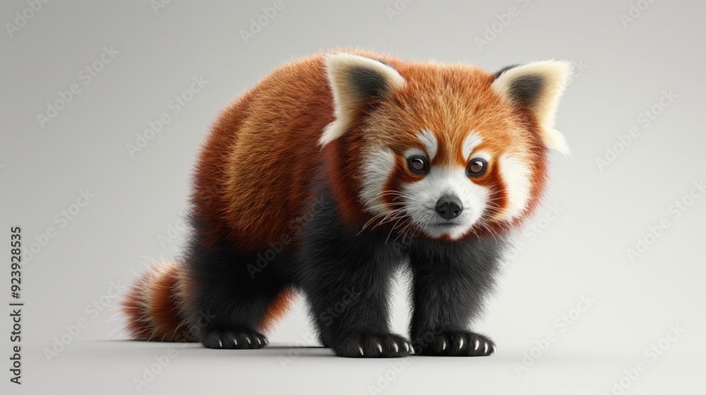 Full-body shot of a red panda standing alert, showing its fluffy fur and bushy tail, with a plain grey background. Full-body shot of a red panda standing alert, showing its fluffy fur and bushy tail, with a plain grey background.