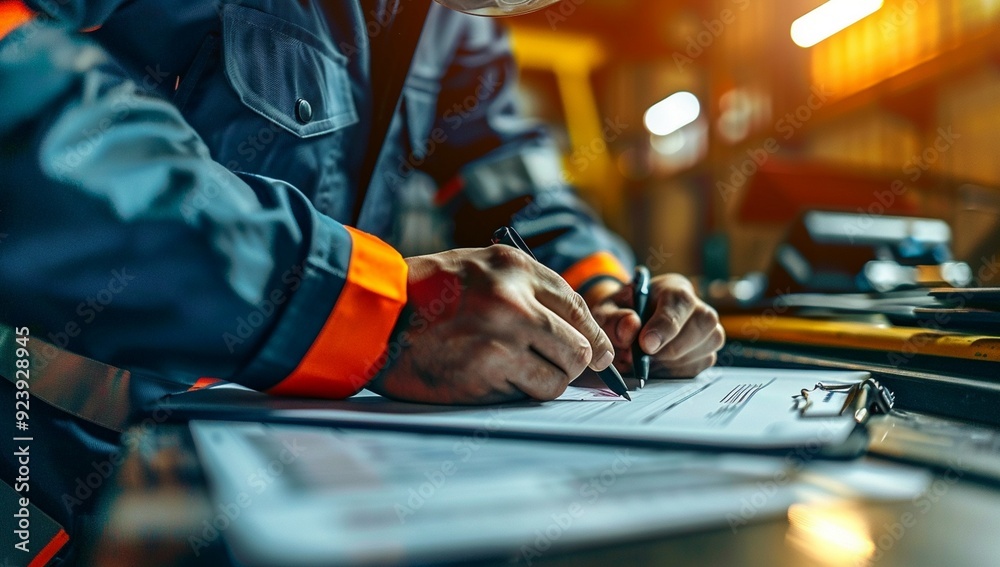 Fototapeta premium Person working on desk with pen and document paper construction concept 