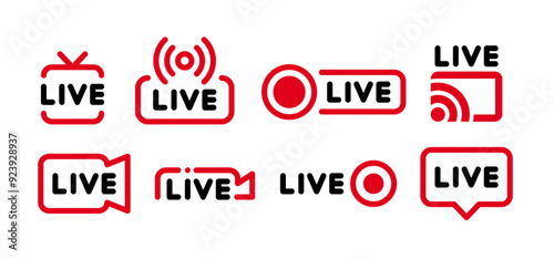 Live streaming icon set. Live broadcasting buttons and symbols. Set of online stream icons. Live stream logo. Social media. Vector illustration