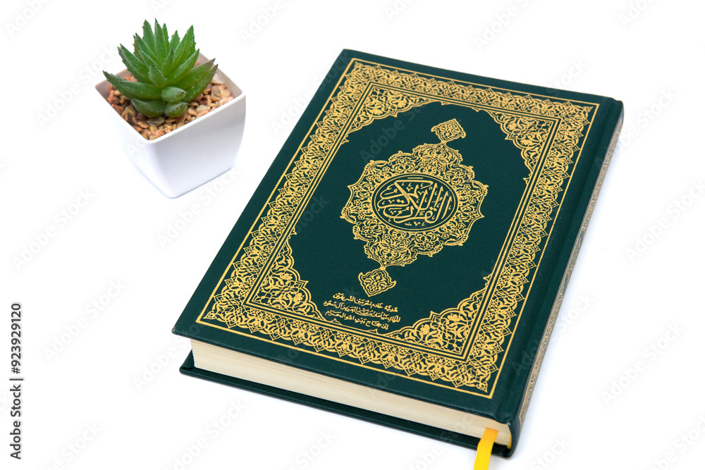 a hand pointing to the Muslim holy book al quran isolated on a white background with plants a hand pointing to the Muslim holy book al quran isolated on a white background with plants