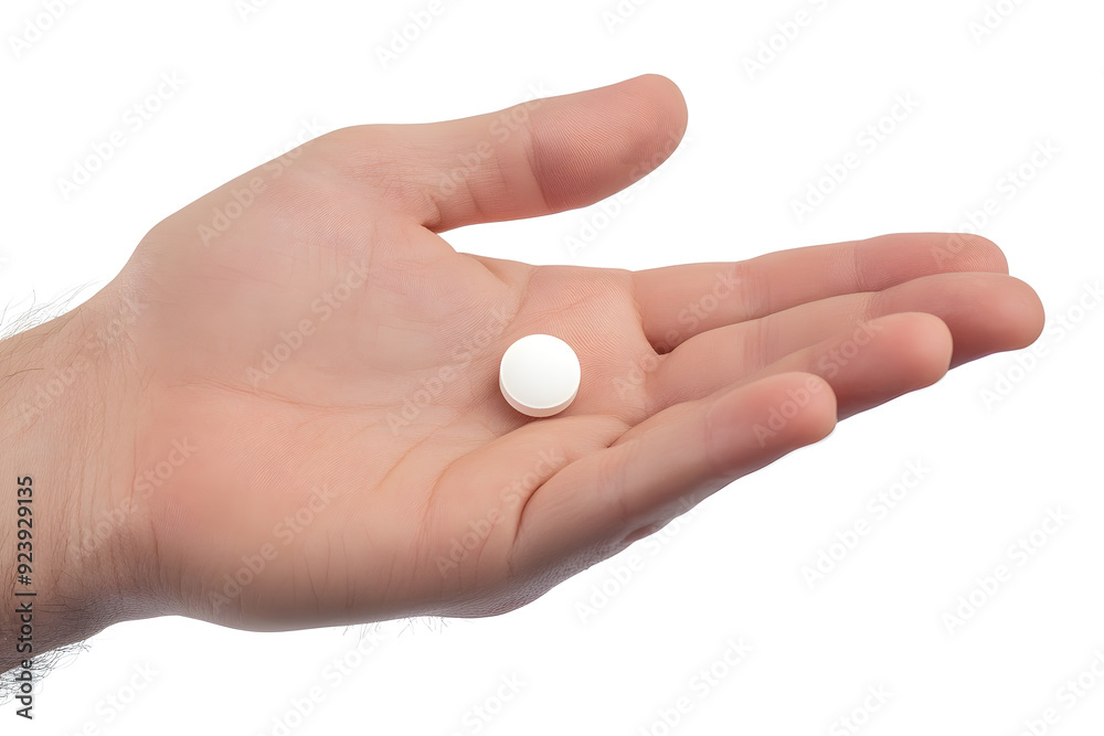 Close-up single white capsule pill on the palm of a hand isolated on white background Close-up single white capsule pill on the palm of a hand isolated on white background
