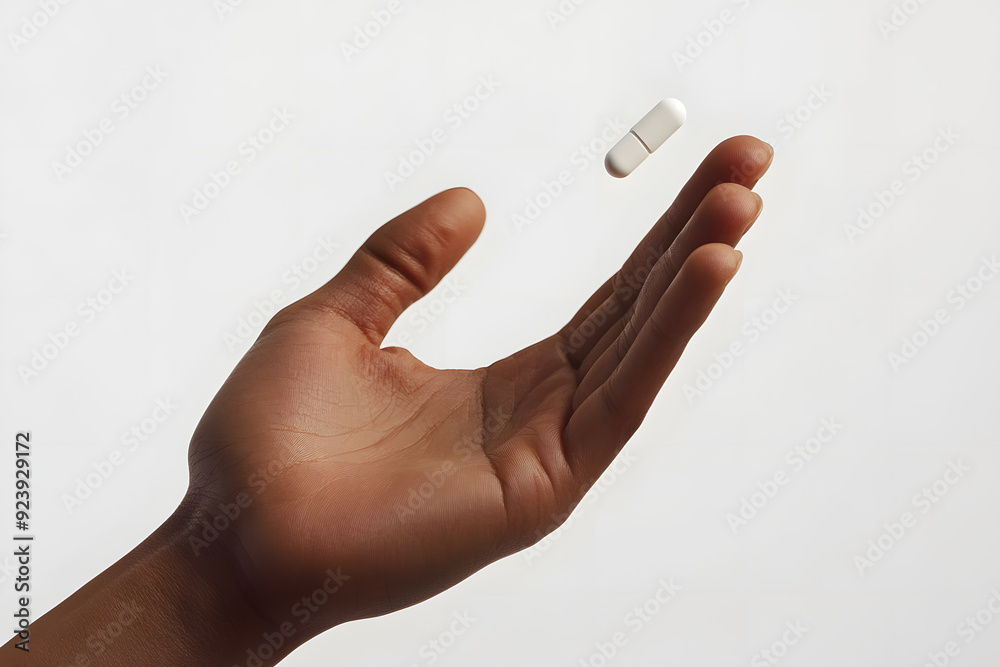 Close-up of a hand holding a single white pill isolated on white background Close-up of a hand holding a single white pill isolated on white background