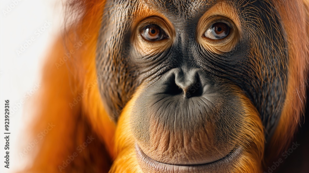 Close-up portrait of an orangutan with expressive eyes and detailed fur, captured in soft lighting against a plain background, emphasizing the primate's thoughtful expression Close-up portrait of an orangutan with expressive eyes and detailed fur, captured in soft lighting against a plain background, emphasizing the primate's thoughtful expression